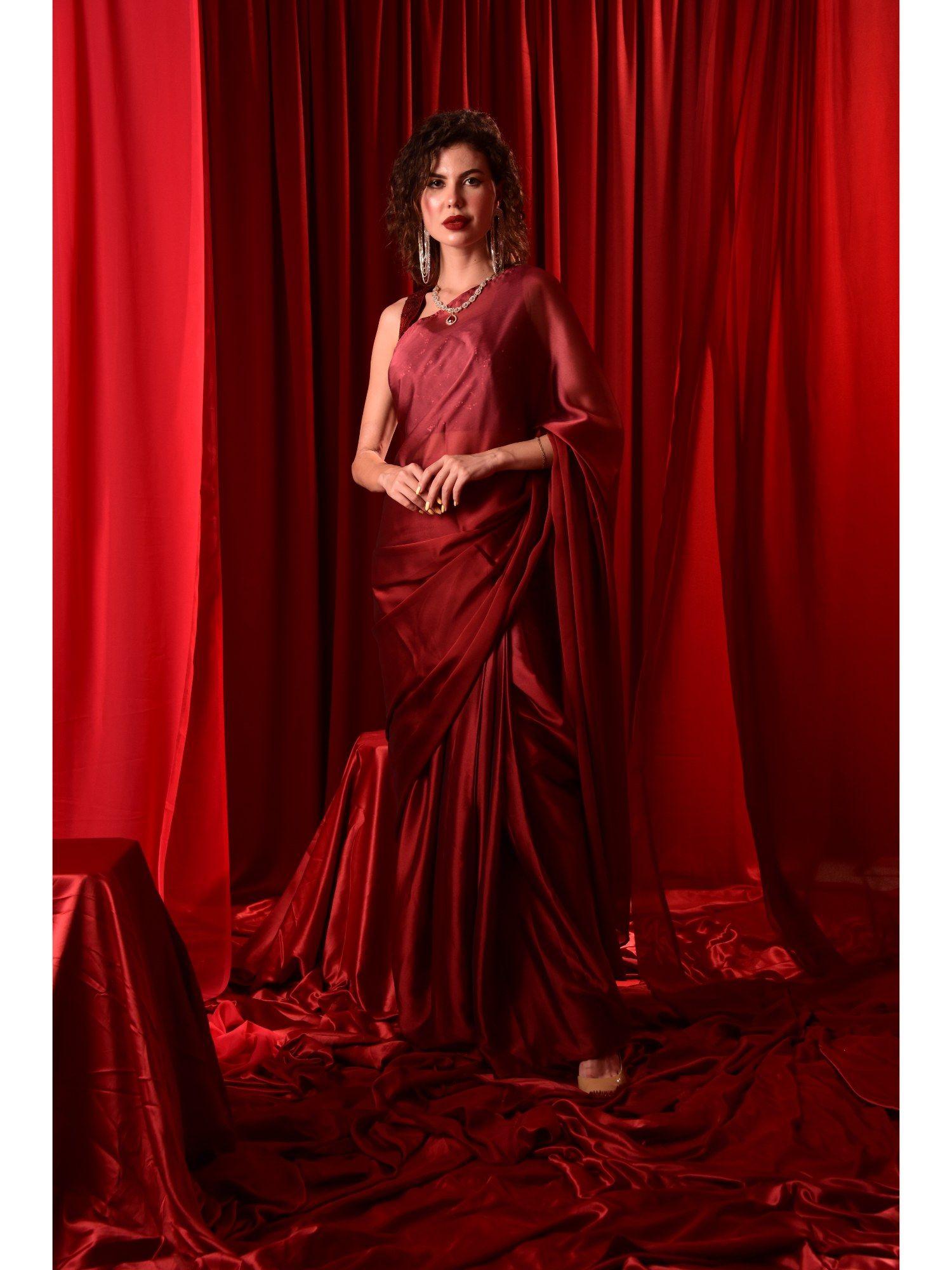 maroon embroidered crepe saree with stitched blouse