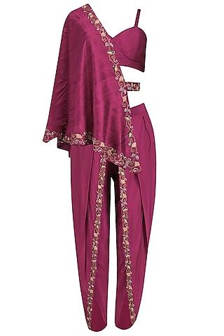 maroon embroidered dhoti and bustier with one-shoulder cape