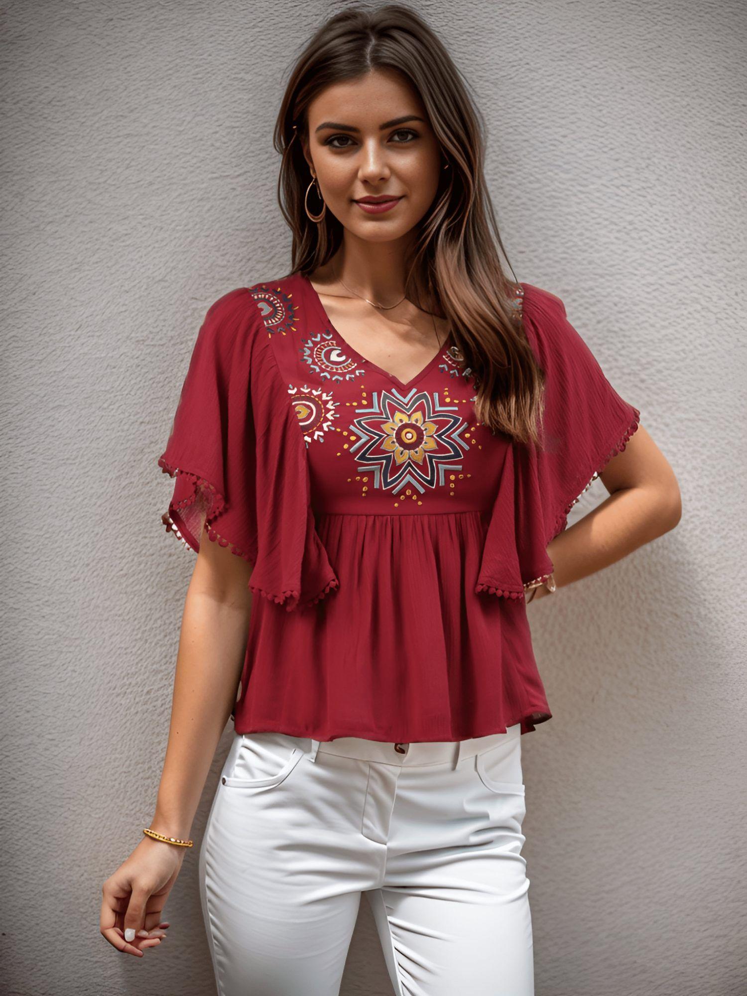 maroon embroidered dobby top