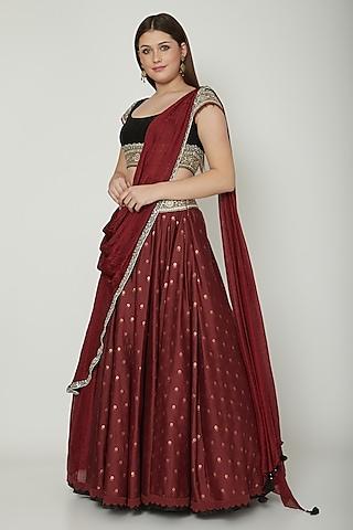 maroon embroidered draped lehenga set