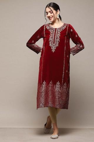 maroon embroidered ethnic women straight fit kurtas