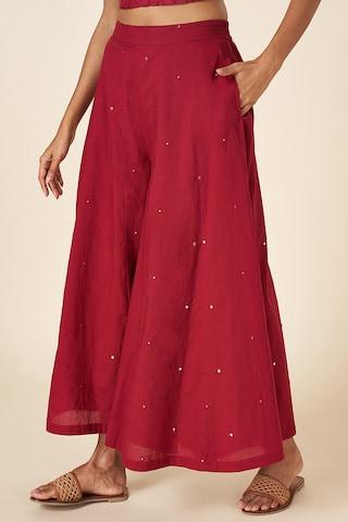 maroon embroidered full length  casual women flared fit  palazzo