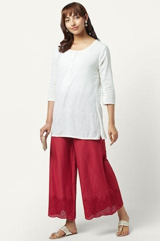 maroon embroidered full length casual women regular fit palazzo