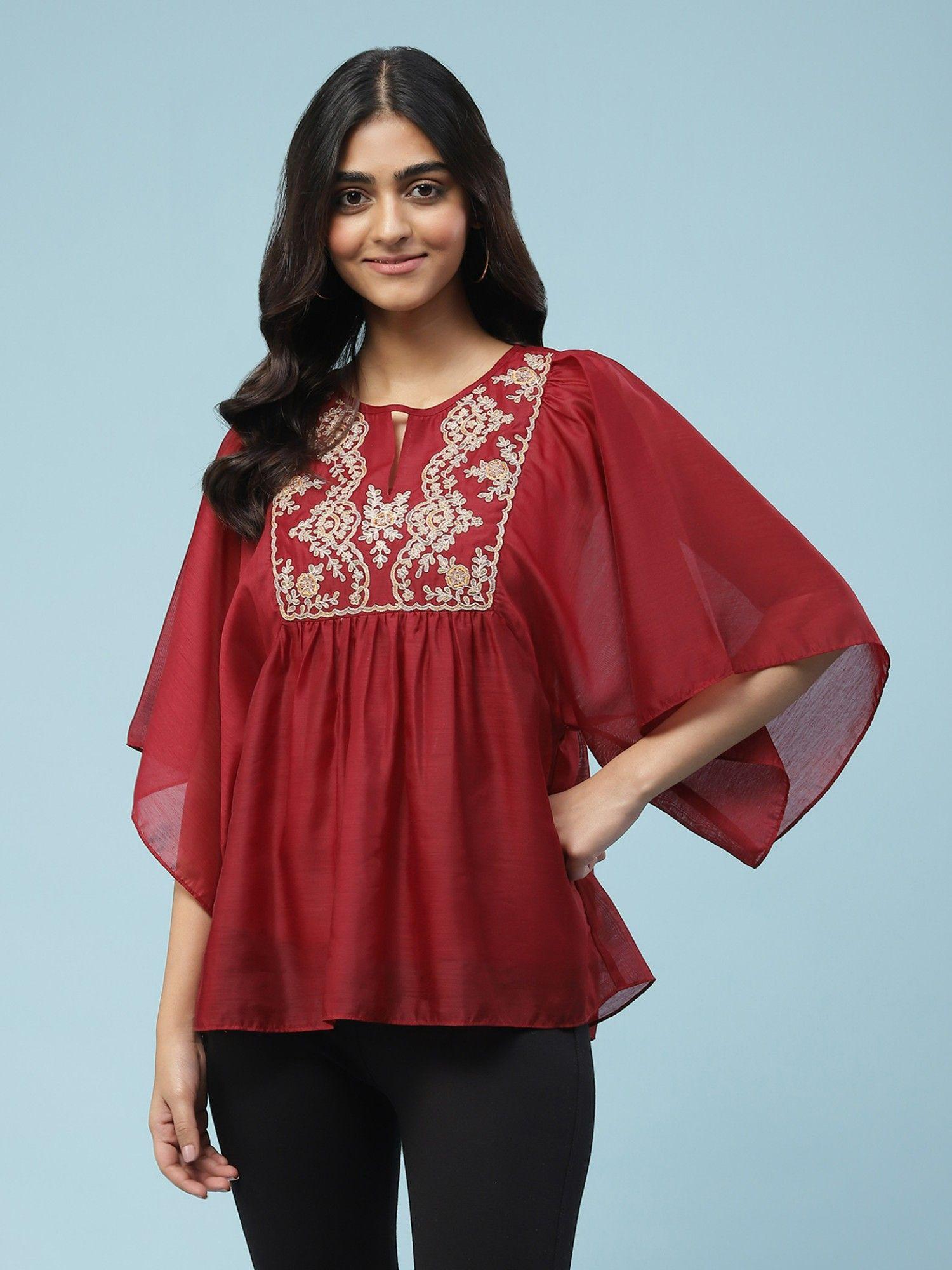 maroon embroidered gathered top with inner (set of 2)