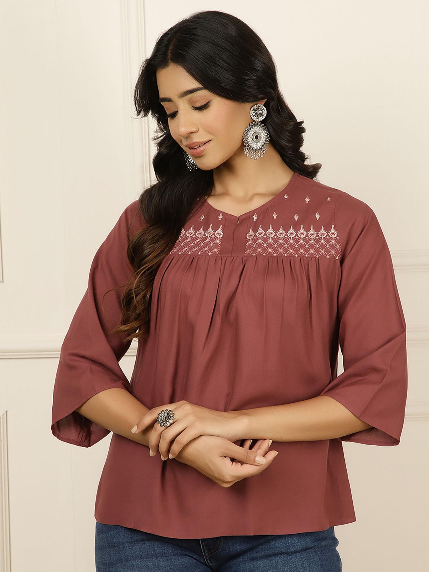 maroon embroidered gathered top