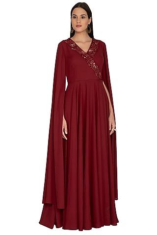 maroon embroidered gown