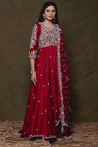 maroon embroidered high-low anarkali set