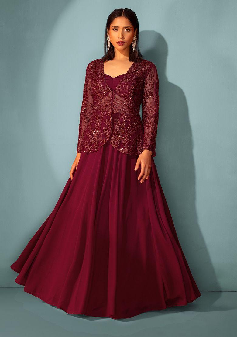 maroon embroidered jacket set with strappy blouse and lehenga