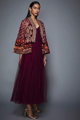 maroon embroidered jacket with dress