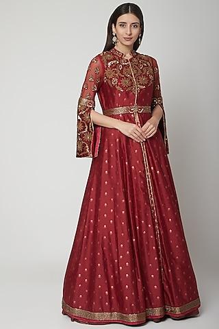 maroon embroidered jacket with skirt