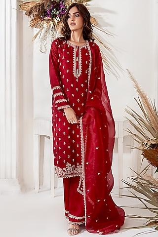 maroon embroidered kurta set