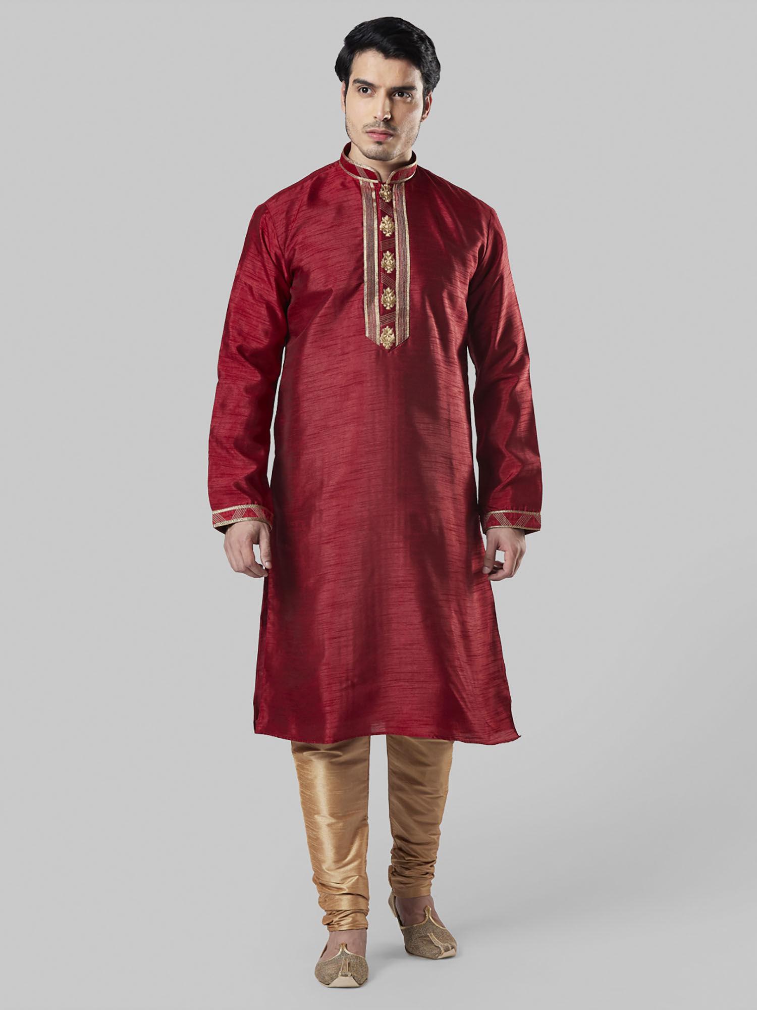 maroon embroidered kurta with churidar (set of 2)