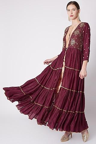 maroon embroidered layered cape with kurta & pants