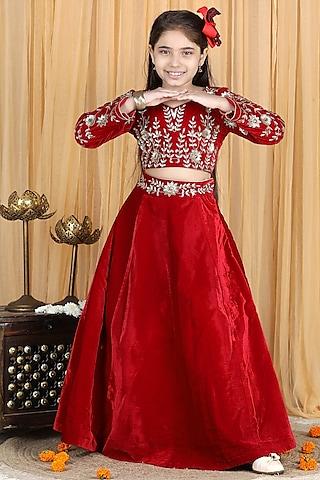 maroon embroidered lehenga set for girls