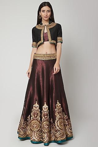 maroon embroidered lehenga with blouse & gilet