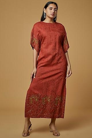 maroon embroidered midi dress