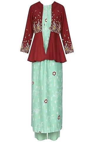 maroon embroidered peplum jacket with aqua blue kurta and pants