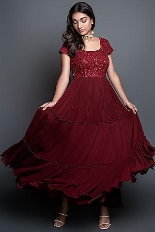 maroon embroidered pleated anarkali set