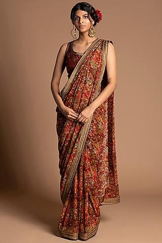maroon embroidered pre-stitched saree set