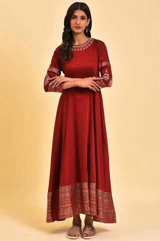 maroon embroidered round neck ethnic ankle-length 3/4th sleeves women regular fit dress