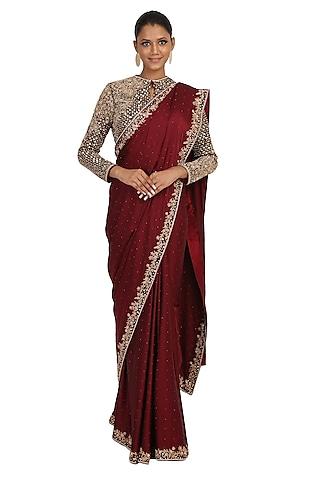 maroon embroidered saree set