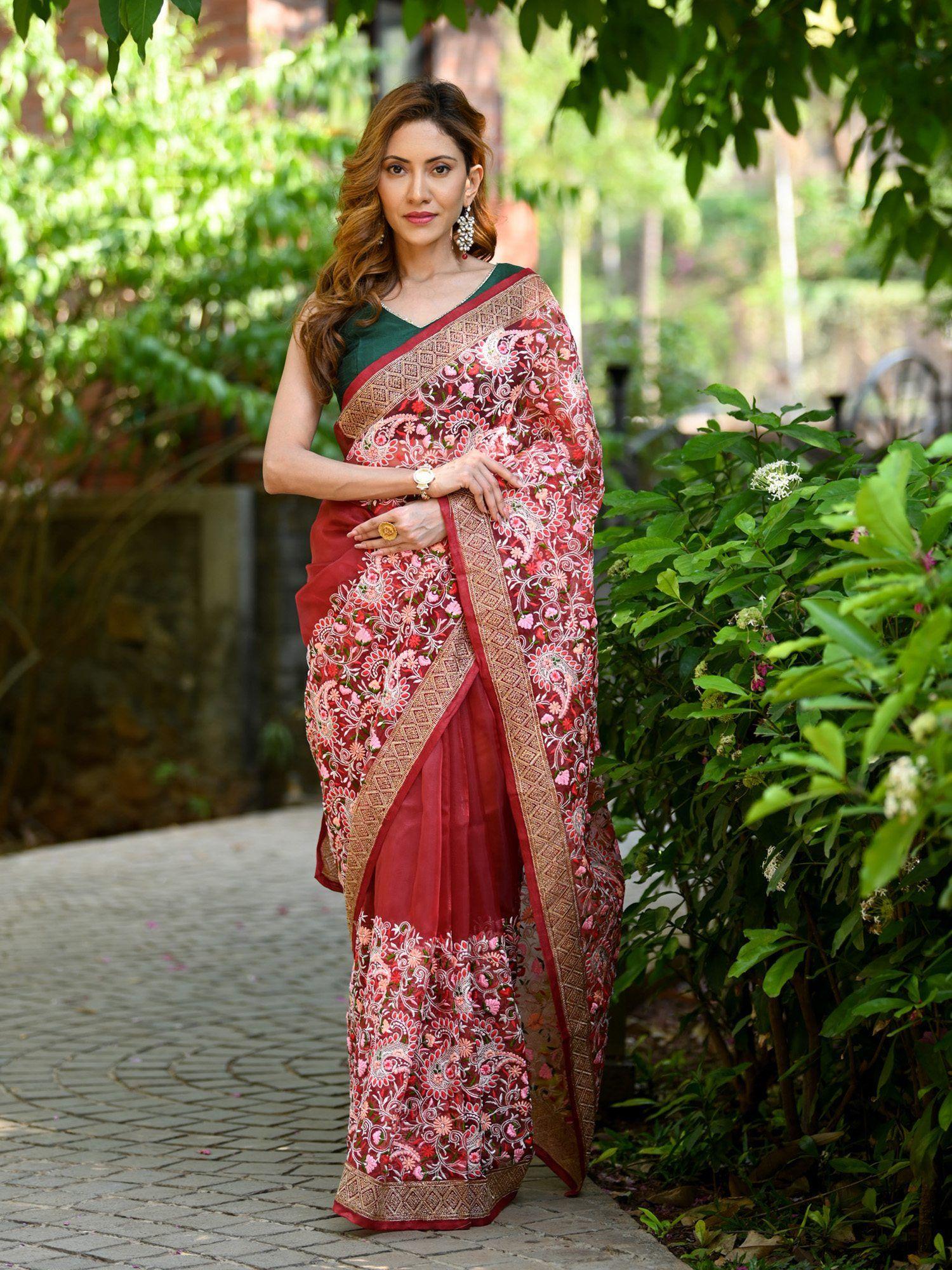 maroon embroidered saree with unstitched blouse