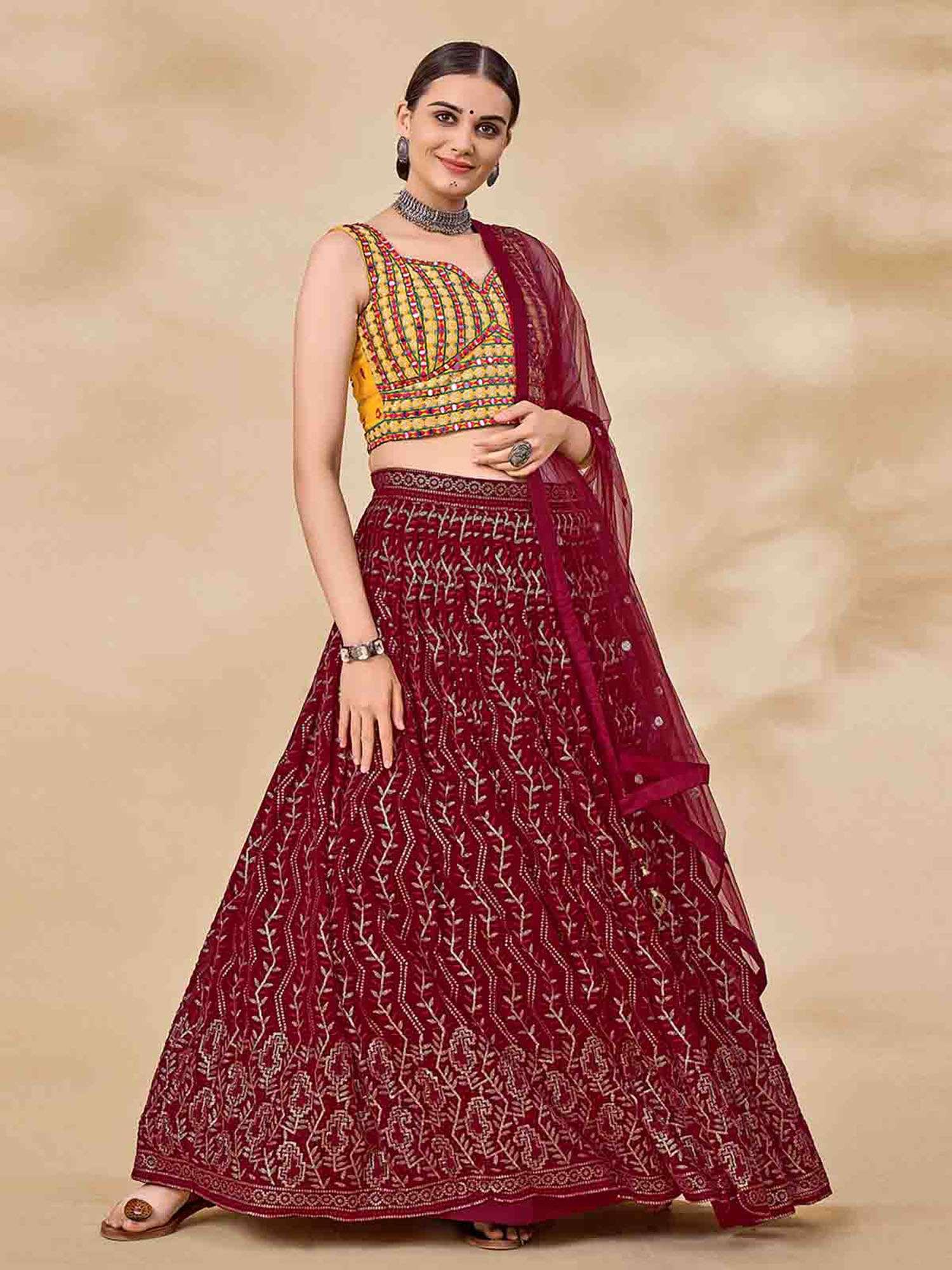 maroon embroidered semi stitched lehenga with unstitched blouse (set of 3)