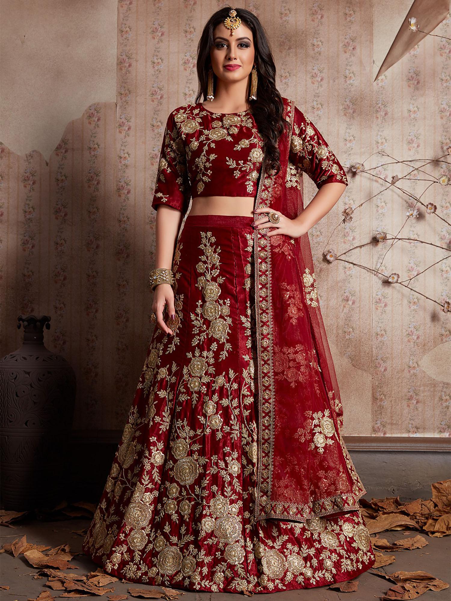 maroon embroidered semi stitched lehenga with unstitched blouse (set of 3)