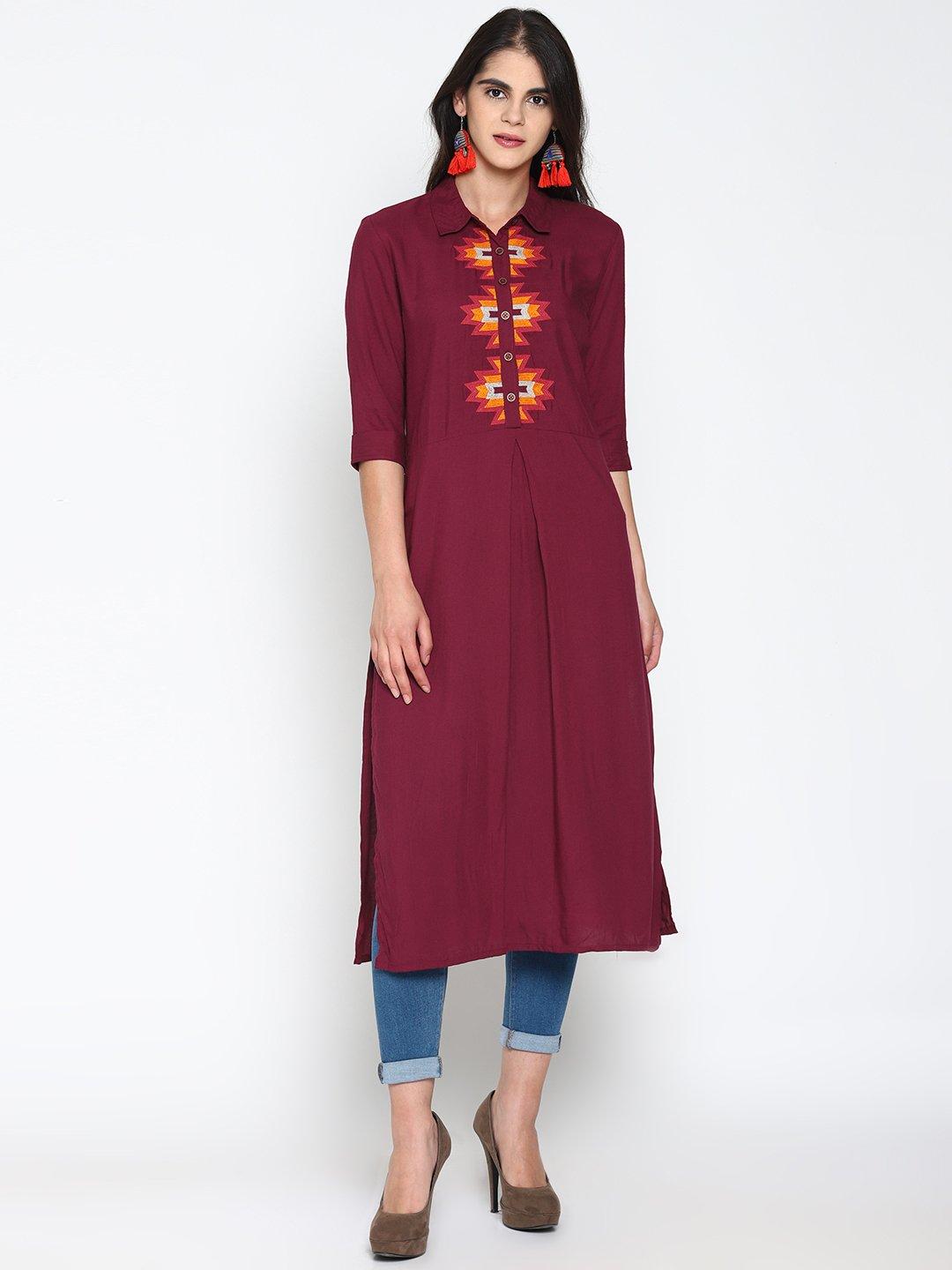 maroon embroidered shirt kurta