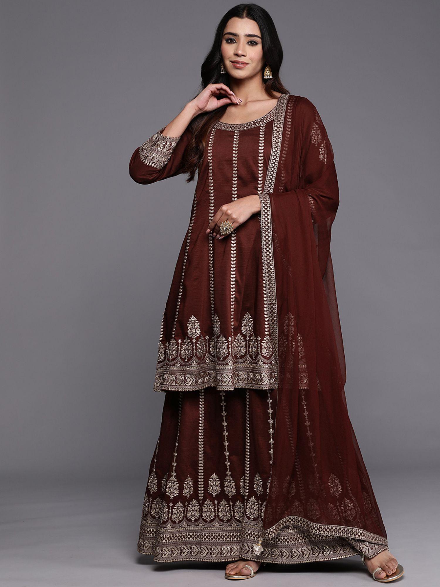 maroon embroidered silk blend kurta with palazzo and dupatta (set of 3)