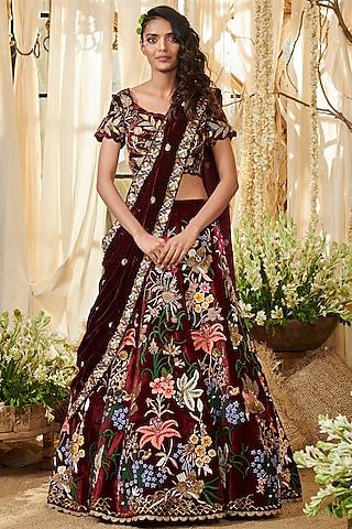 maroon embroidered silk velvet lehenga set