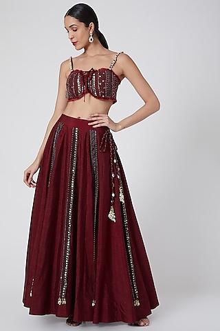 maroon embroidered striped lehenga set