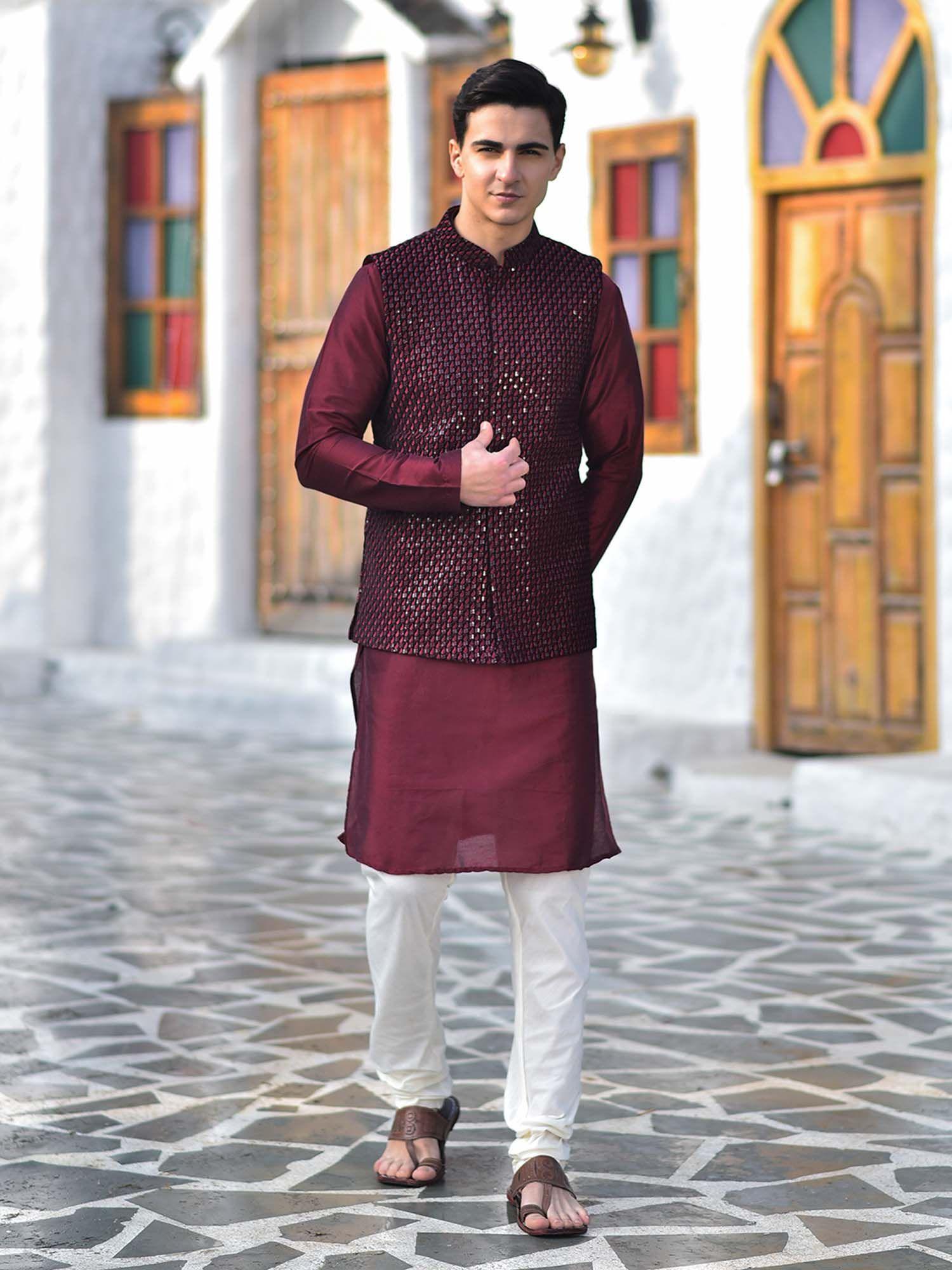 maroon embroidered velvet fabric nehru jacket with kurta & churidar for men (set of 3)