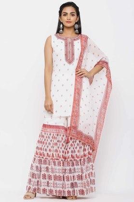 maroon ethnic motif printed georgette kurta sharara & dupatta set with thread work embroidery - maroon