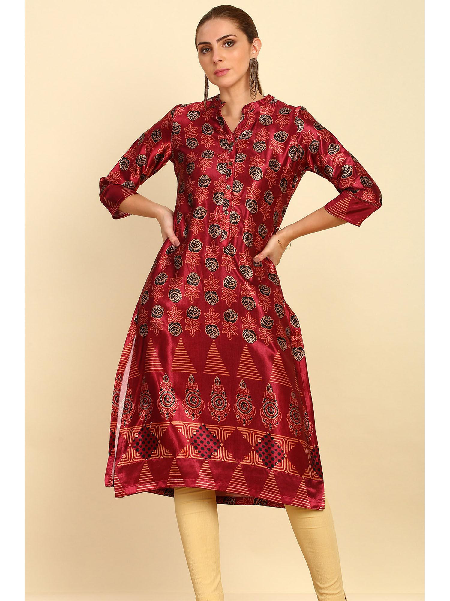 maroon ethnic motif printed mashru mandarin collar kurta