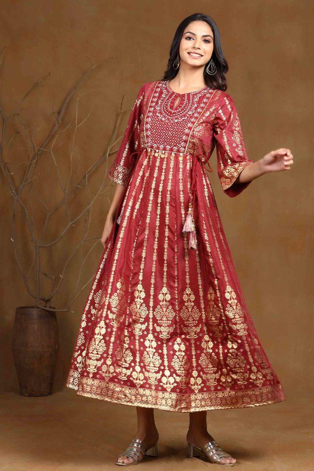 maroon ethnic motif printed shantoon anarkali dress.