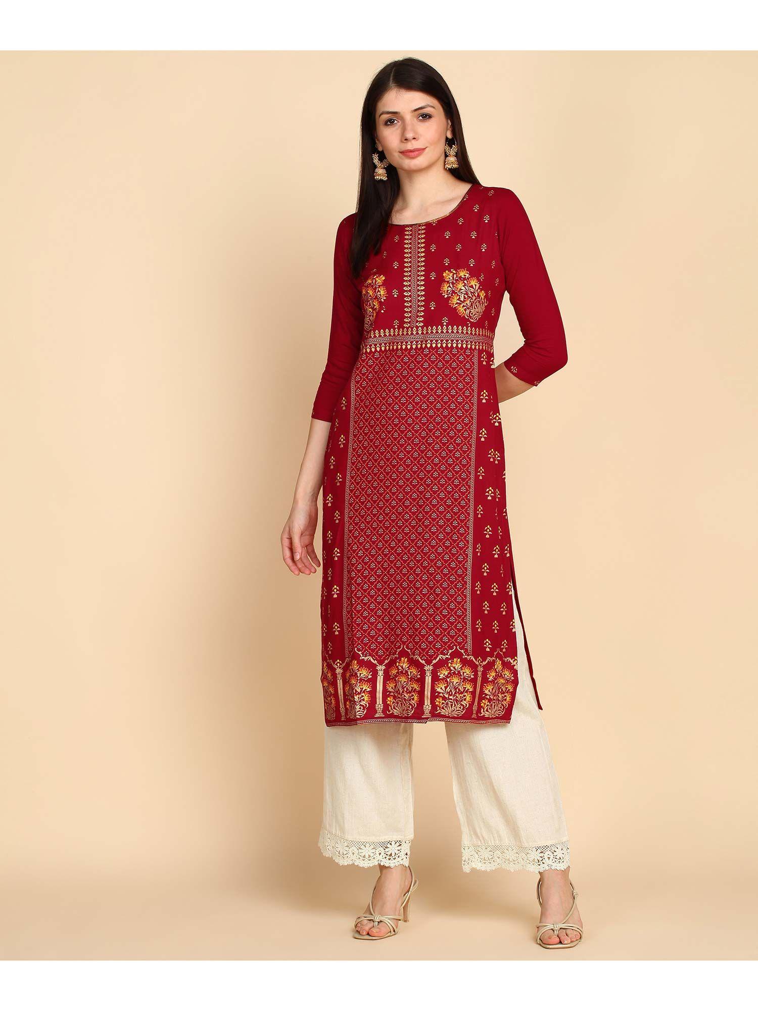 maroon ethnic motifs printed rayon kurta