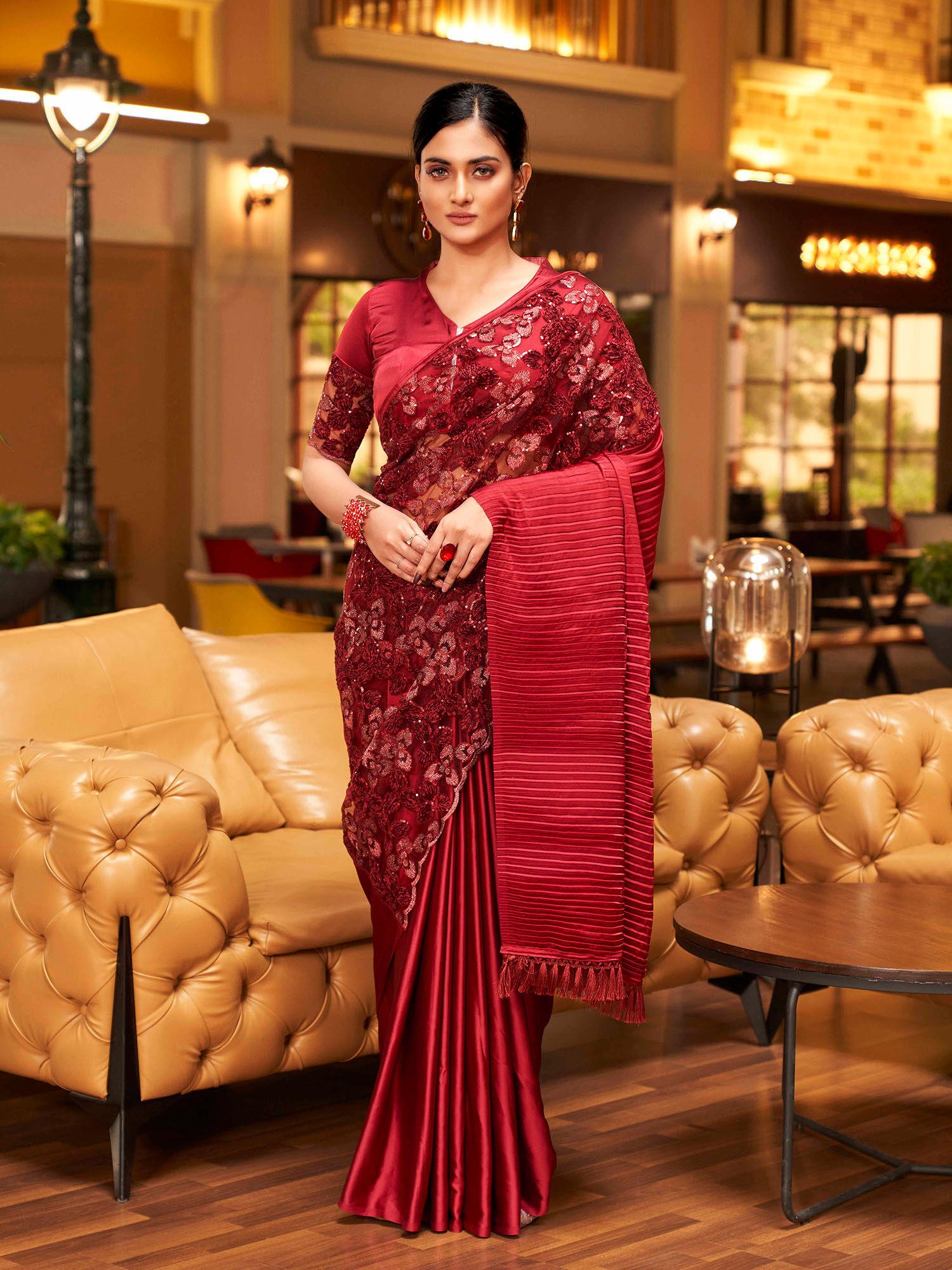 maroon fancy embroidered satin pleated half-half saree with unstitched blouse