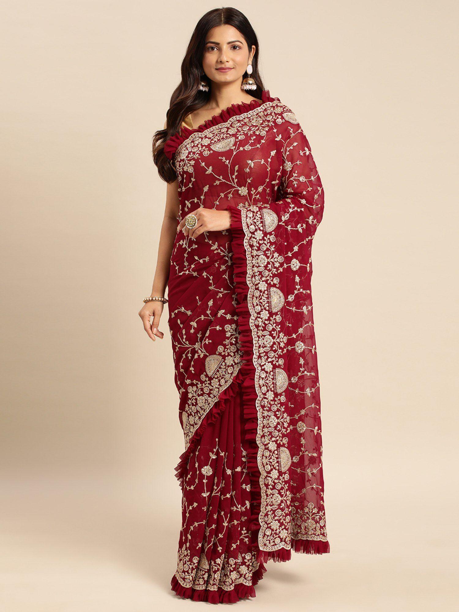 maroon fancy georgette saree with unstitched blouse with unstitched