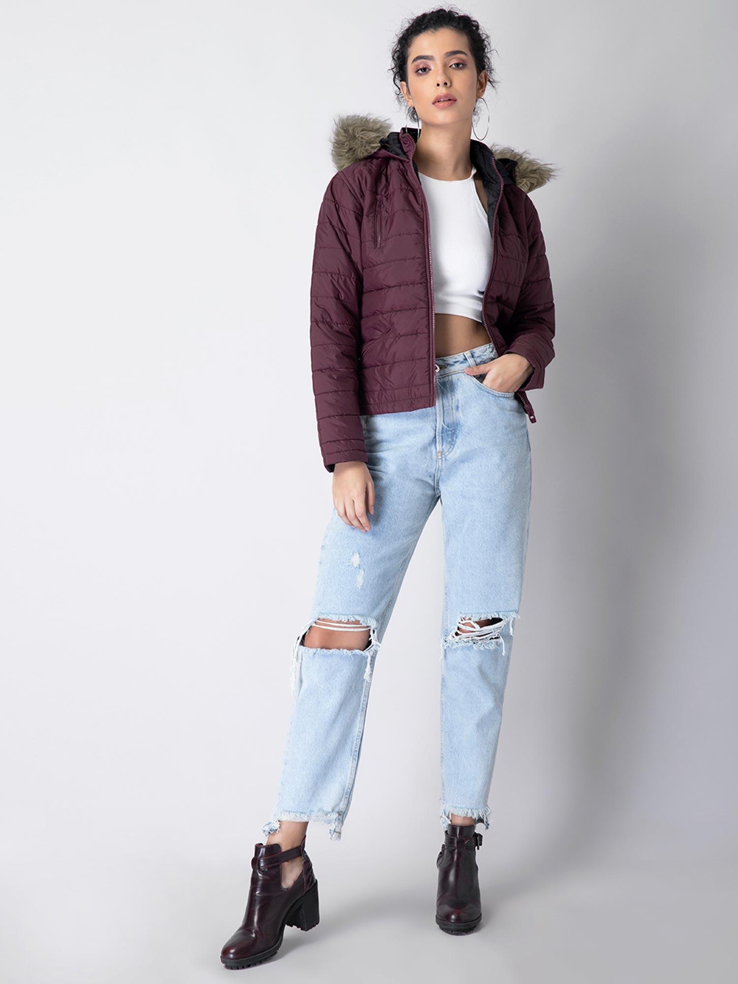 maroon faux fur quilted hooded puffer jacket