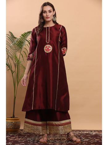 maroon flayred gota work kurta palazzo (set of 2)