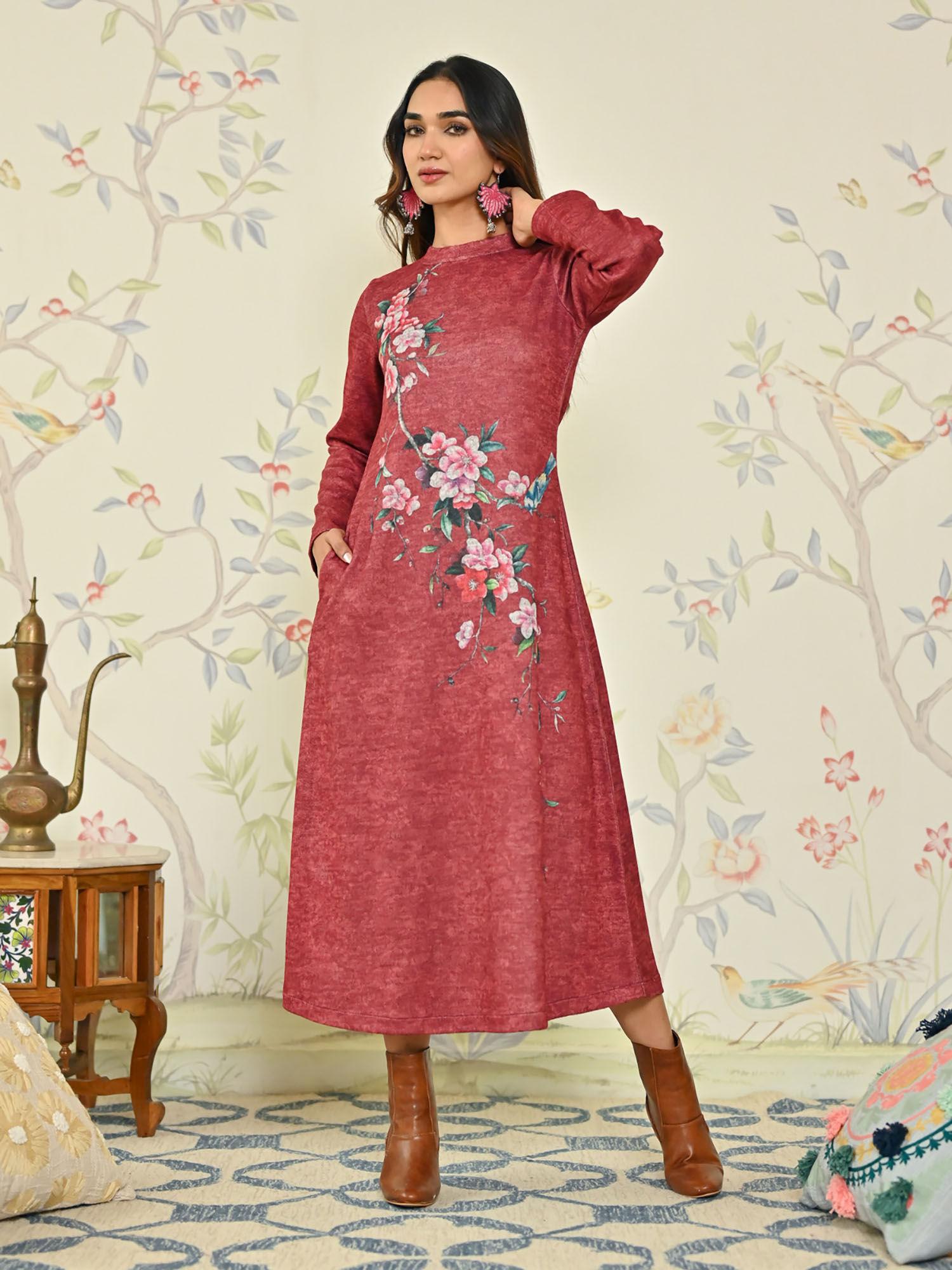 maroon floral a-line woollen maxi dress