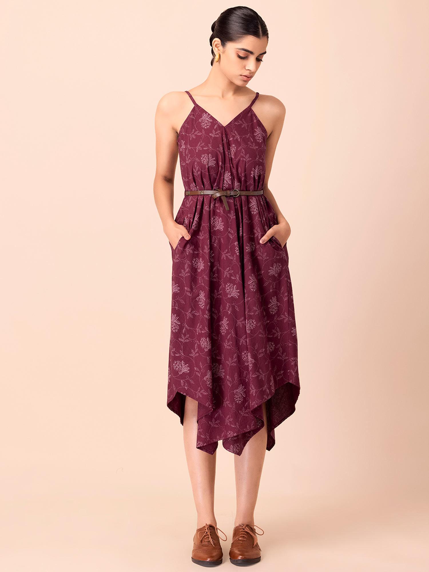 maroon floral belted high low dress