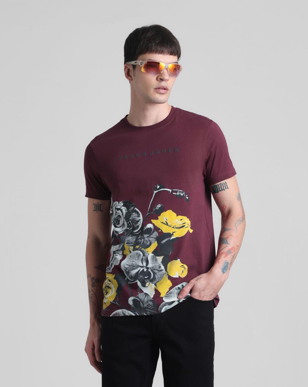 maroon floral crew neck t-shirt