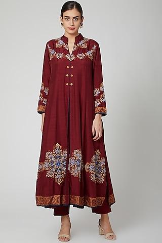 maroon floral embroidered anarkali set