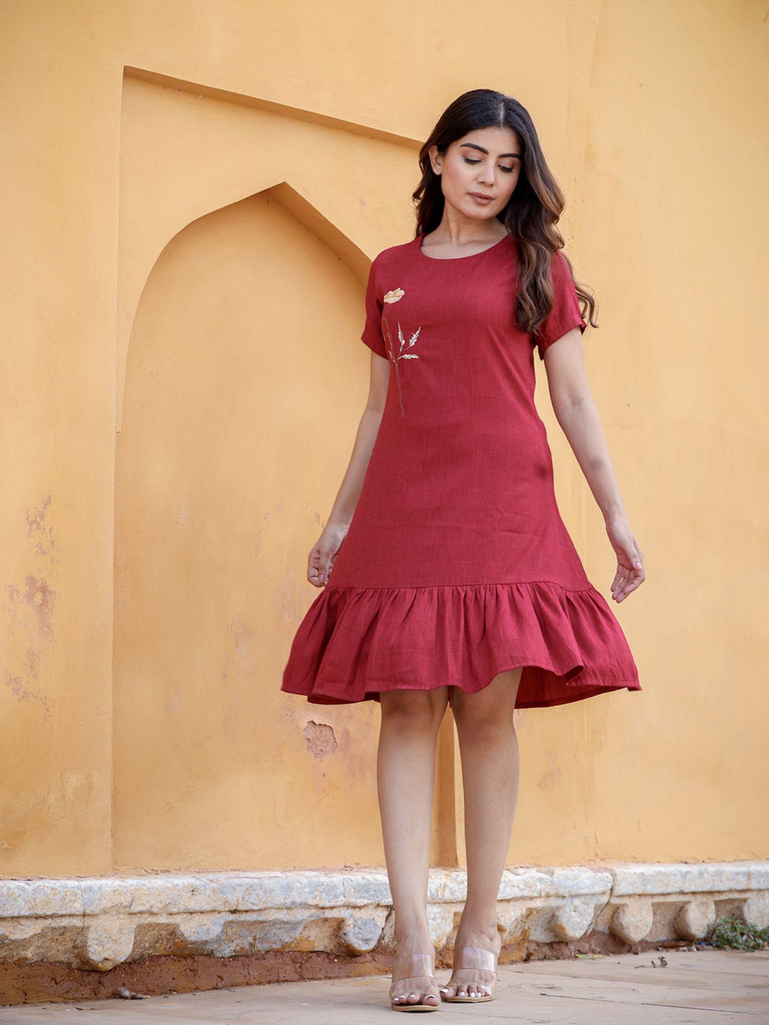 maroon floral embroidered knee length dress