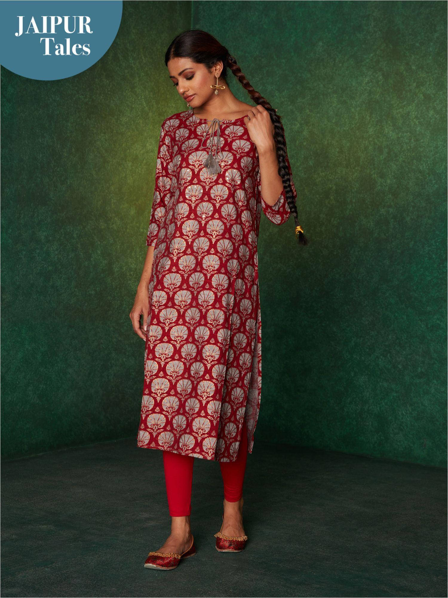 maroon floral foil printed straight kurta likkur148