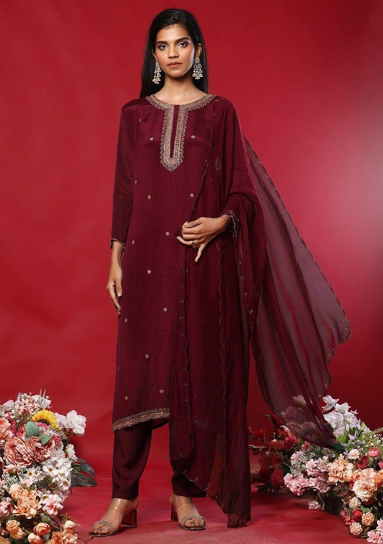 maroon floral hand embroidered kurta set with pants and organza dupatta