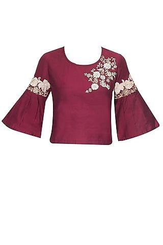 maroon floral pearl and dabka embroidered crop top