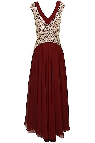 maroon floral pitta work anarkali set with maroon dupatta